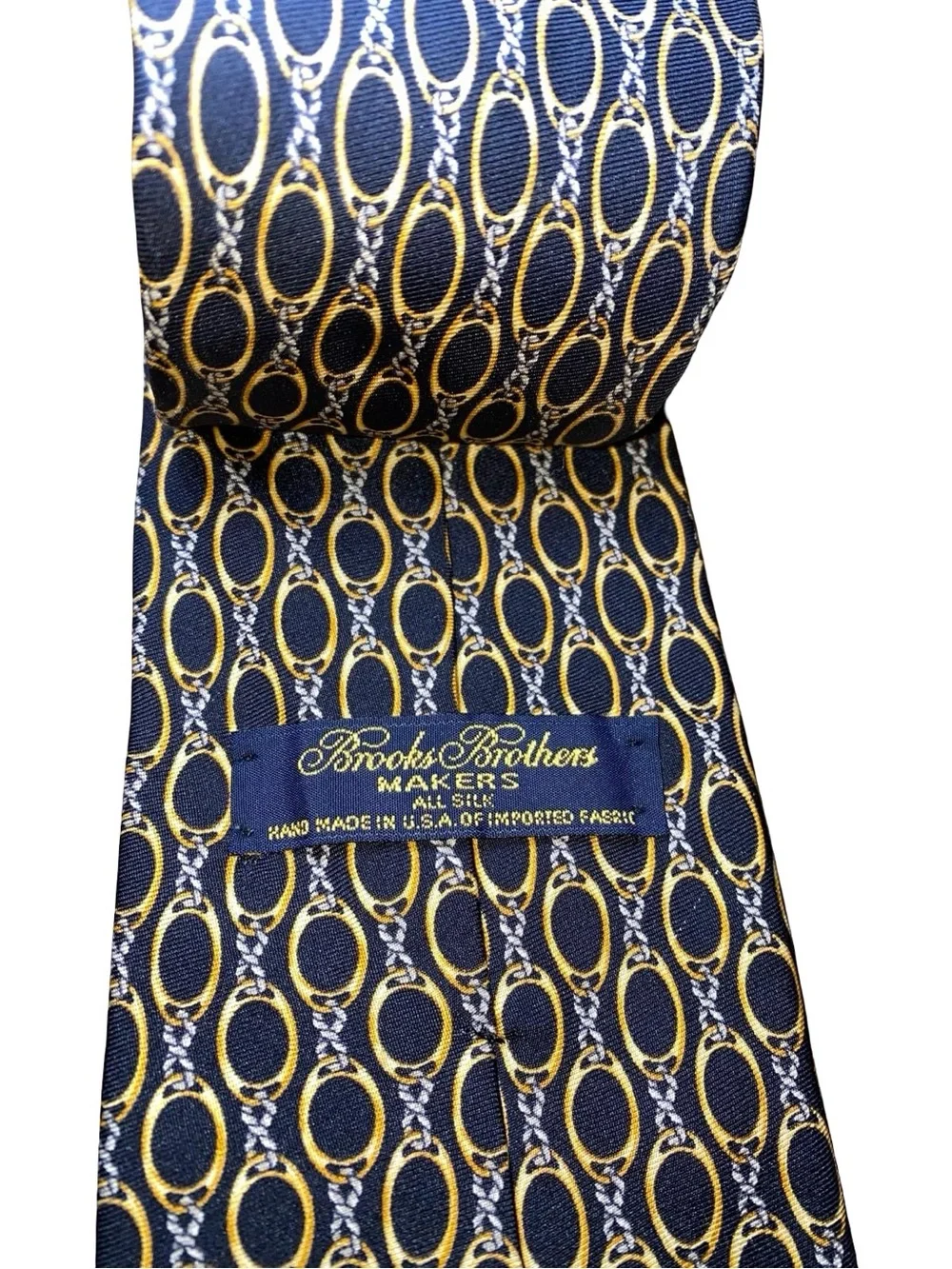 Brooks Brothers Makers Mens All Silk Tie Navy Blue Gold & Silver Chain Link